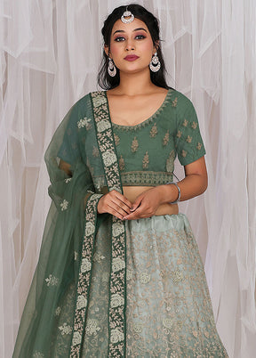 3 Pc Green Net Semi Stitched Lehenga Set - Indian Silk House Agencies