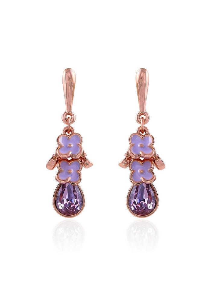 Estele Violet 24 Kt Rose Gold Plated Brass Enamel Flower Charm Dangle Earrings for Girls - Indian Silk House Agencies