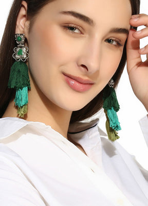 Estele Fashion Long Rhodium Plated Green Thread Tassel Earrings - Indian Silk House Agencies