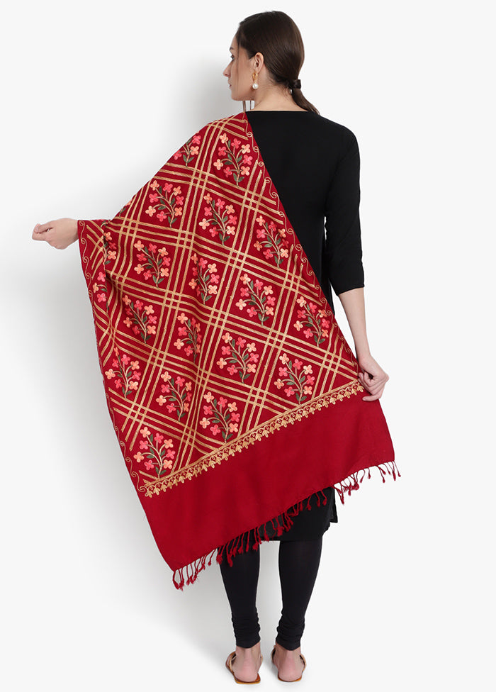 Red Kashmiri Embroidered Woolen Stole - Indian Silk House Agencies