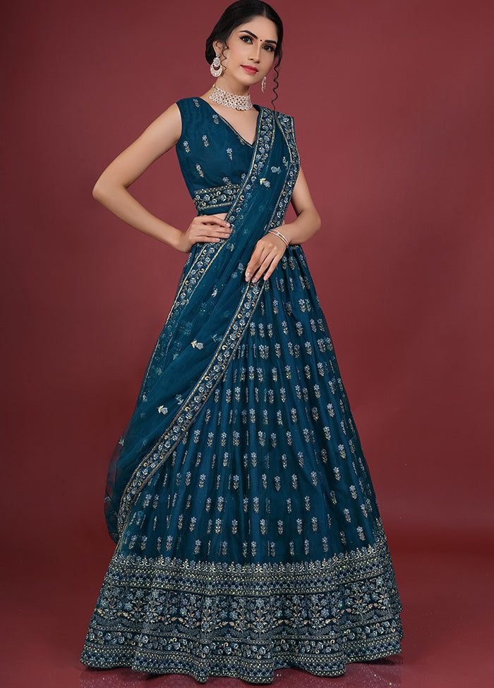 3 Pc Blue Net Semi Stitched Lehenga Set - Indian Silk House Agencies