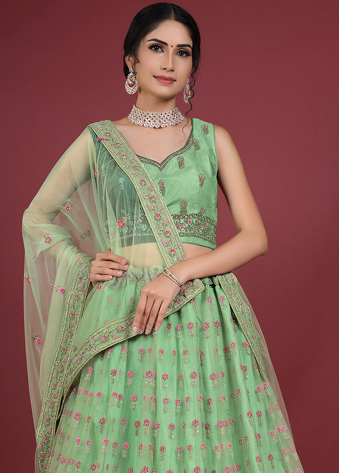 3 Pc Green Net Semi Stitched Lehenga Set