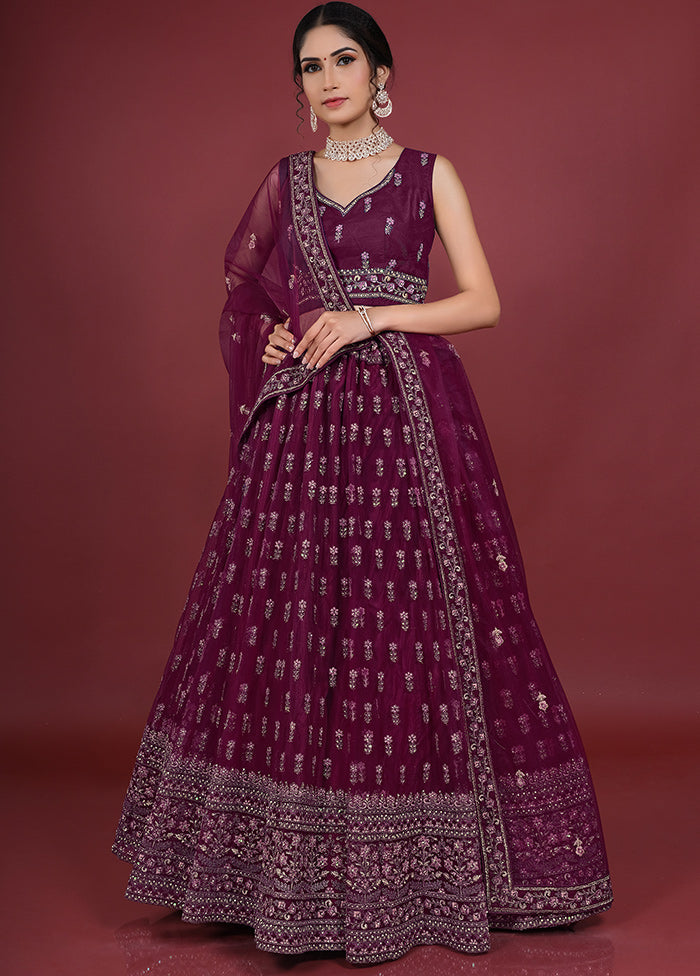 3 Pc Wine Net Semi Stitched Lehenga Set - Indian Silk House Agencies