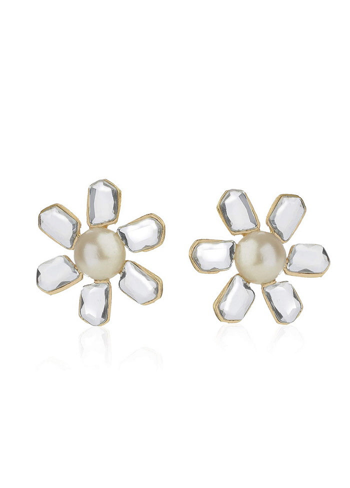 Estele Mirror kundan with white pearl flower petal studs for women - Indian Silk House Agencies