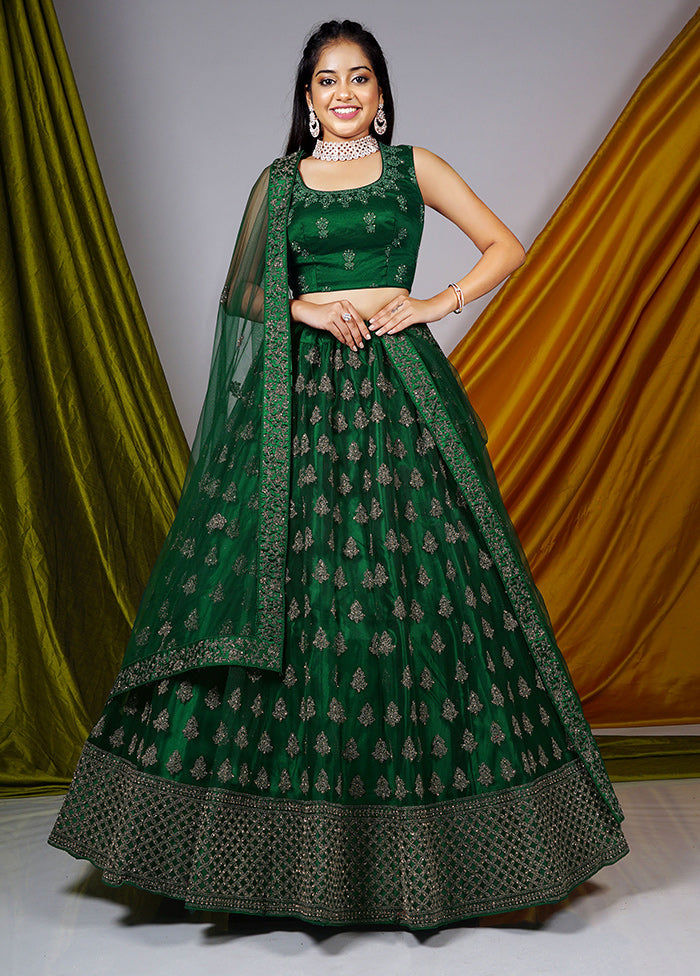 3 Pc Green Net Semi Stitched Lehenga Set - Indian Silk House Agencies