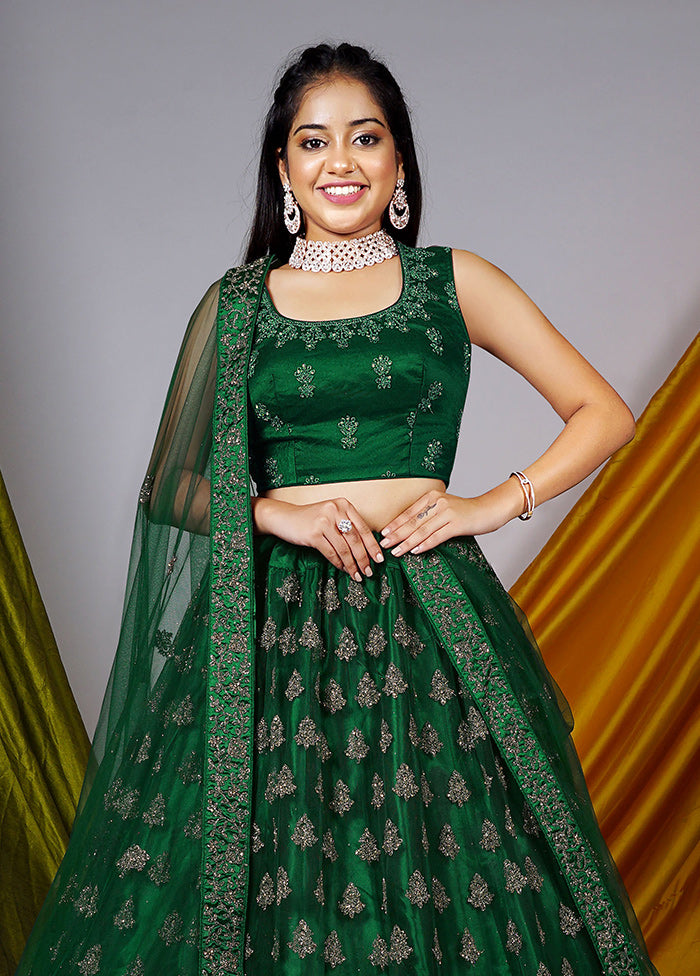 3 Pc Green Net Semi Stitched Lehenga Set - Indian Silk House Agencies