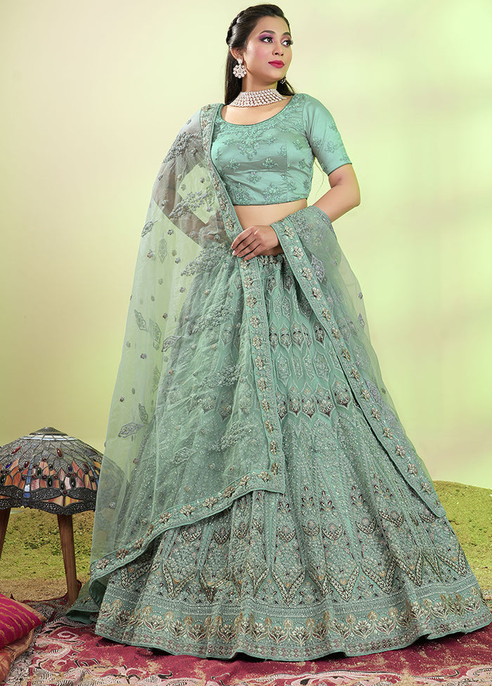 3 Pc Green Net Semi Stitched Lehenga Set