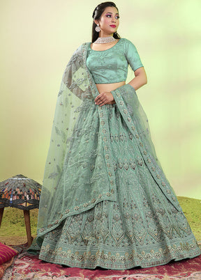 3 Pc Green Net Semi Stitched Lehenga Set - Indian Silk House Agencies