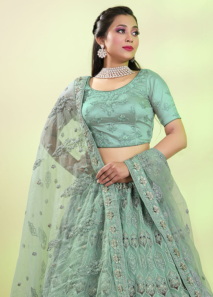 3 Pc Green Net Semi Stitched Lehenga Set - Indian Silk House Agencies