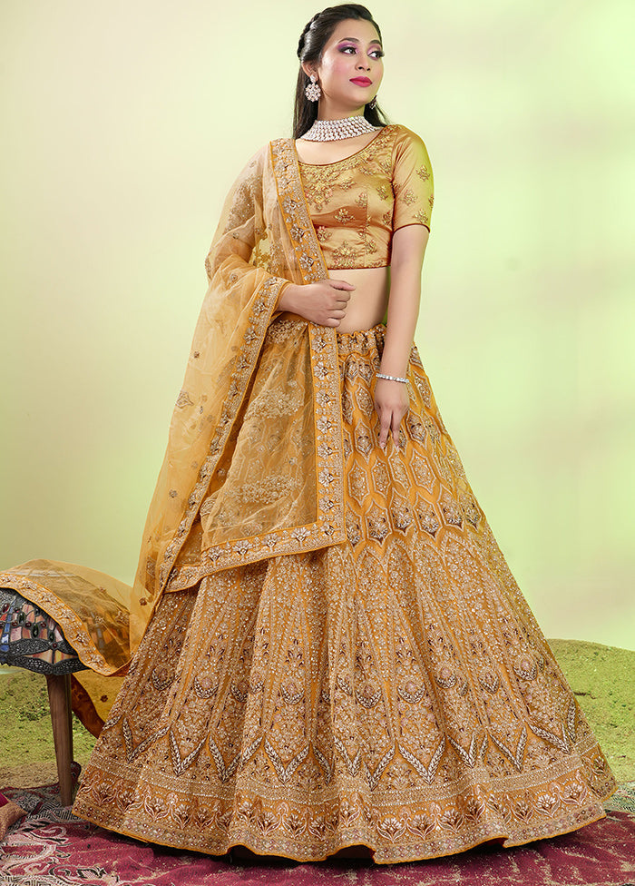 3 Pc Mustard Net Semi Stitched Lehenga Set - Indian Silk House Agencies