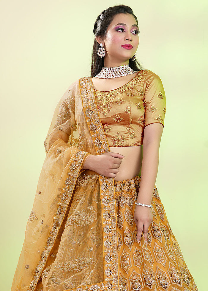 3 Pc Mustard Net Semi Stitched Lehenga Set - Indian Silk House Agencies