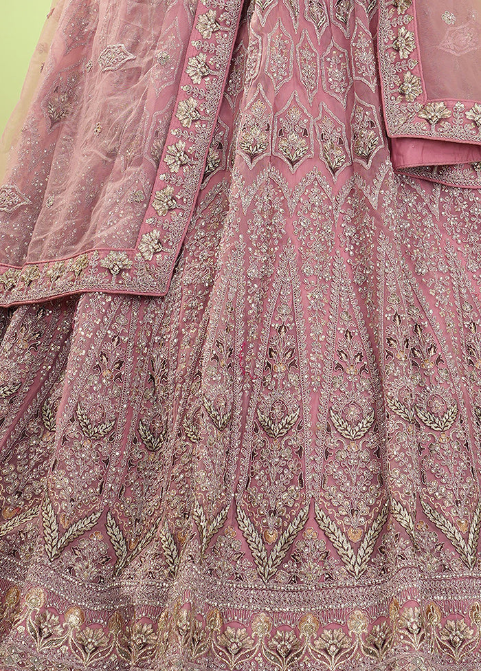 3 Pc Pink Net Semi Stitched Lehenga Set