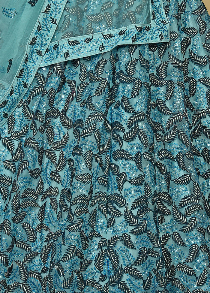 3 Pc Blue Net Semi Stitched Lehenga Set