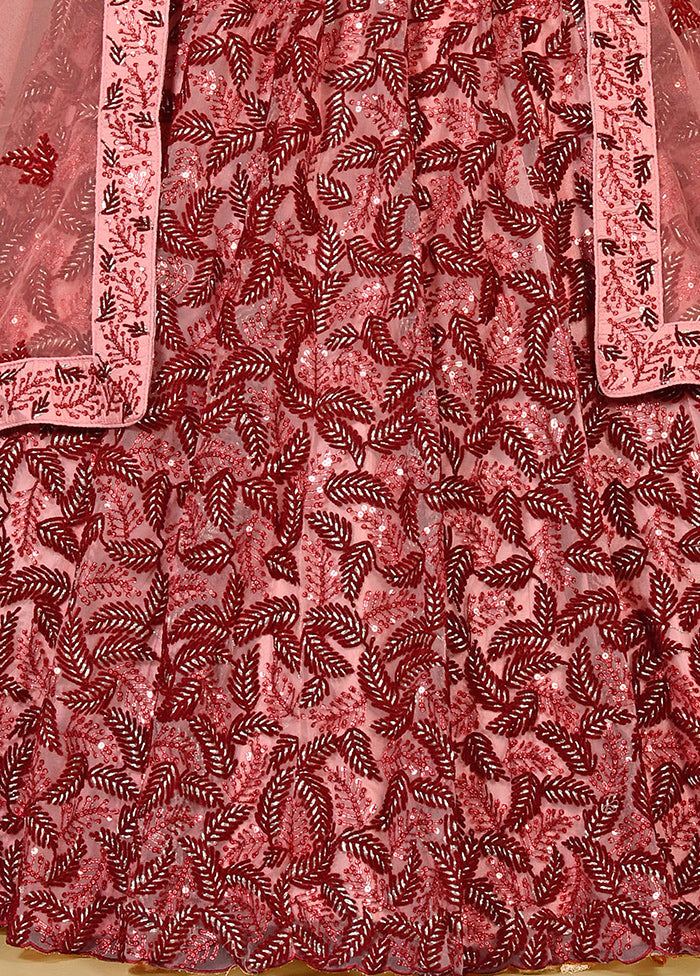 3 Pc Pink Net Semi Stitched Lehenga Set