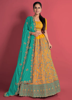 3 Pc Mustard Net Semi Stitched Lehenga Set - Indian Silk House Agencies