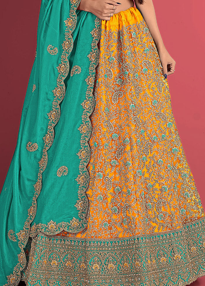 3 Pc Mustard Net Semi Stitched Lehenga Set - Indian Silk House Agencies