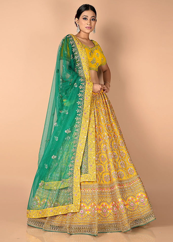 3 Pc Mustard Net Semi Stitched Lehenga Set - Indian Silk House Agencies