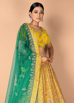 3 Pc Mustard Net Semi Stitched Lehenga Set - Indian Silk House Agencies