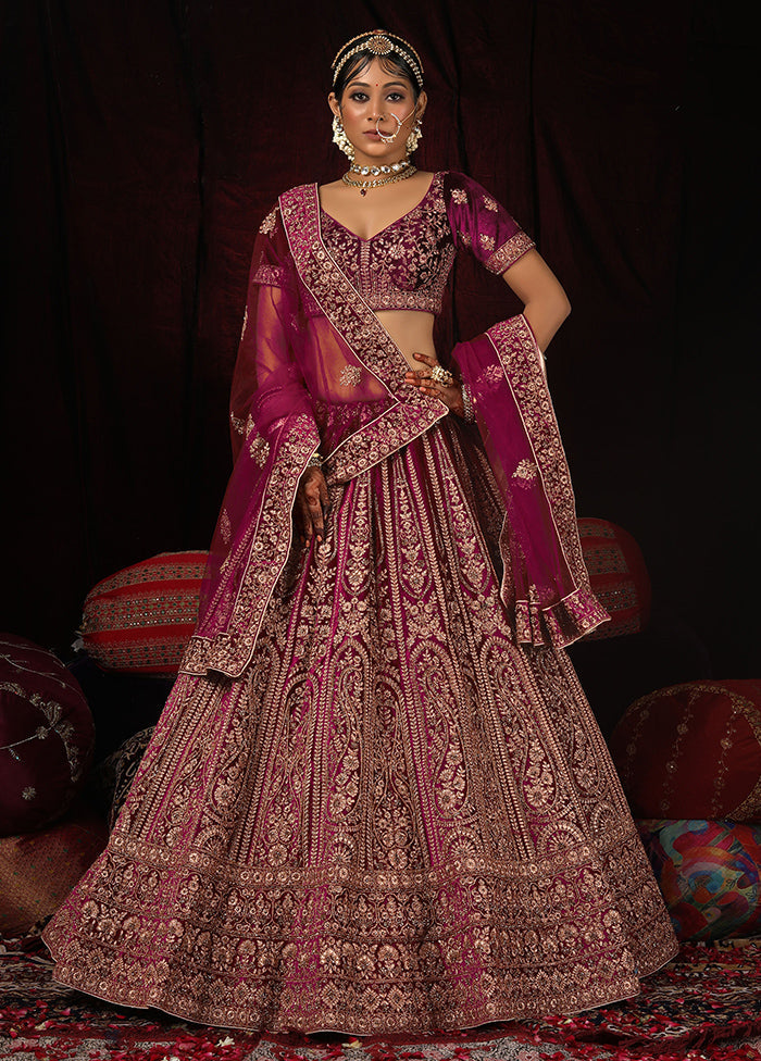 3 Pc Wine Velvet Semi Stitched Lehenga Set - Indian Silk House Agencies