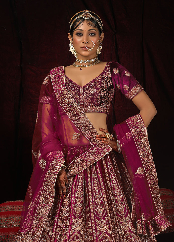 3 Pc Wine Velvet Semi Stitched Lehenga Set - Indian Silk House Agencies