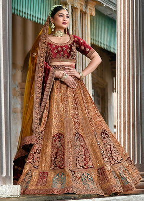 3 Pc Mustard Velvet Semi Stitched Lehenga Set - Indian Silk House Agencies