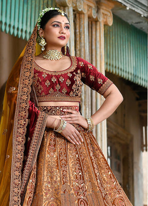 3 Pc Mustard Velvet Semi Stitched Lehenga Set - Indian Silk House Agencies