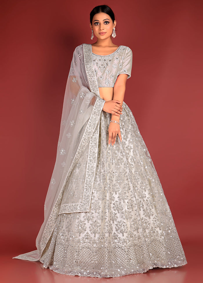 3 Pc White Net Semi Stitched Lehenga Set - Indian Silk House Agencies