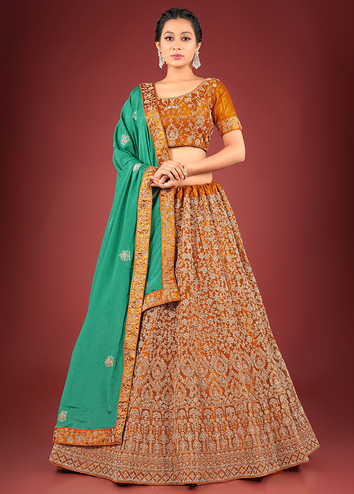 3 Pc Mustard Net Semi Stitched Lehenga Set - Indian Silk House Agencies