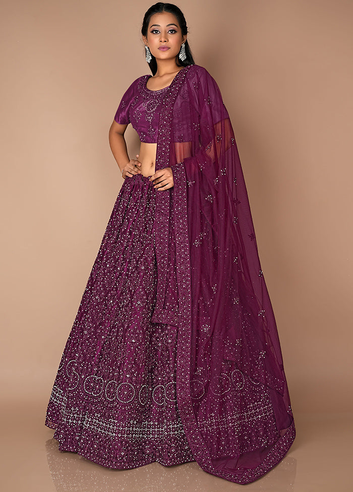 3 Pc Wine Net Semi Stitched Lehenga Set - Indian Silk House Agencies