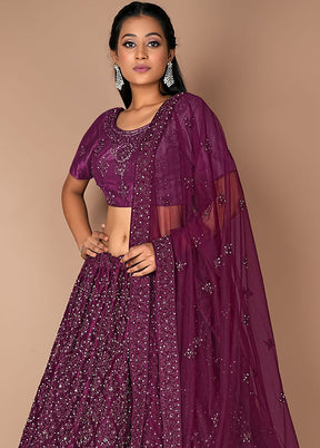 3 Pc Wine Net Semi Stitched Lehenga Set - Indian Silk House Agencies