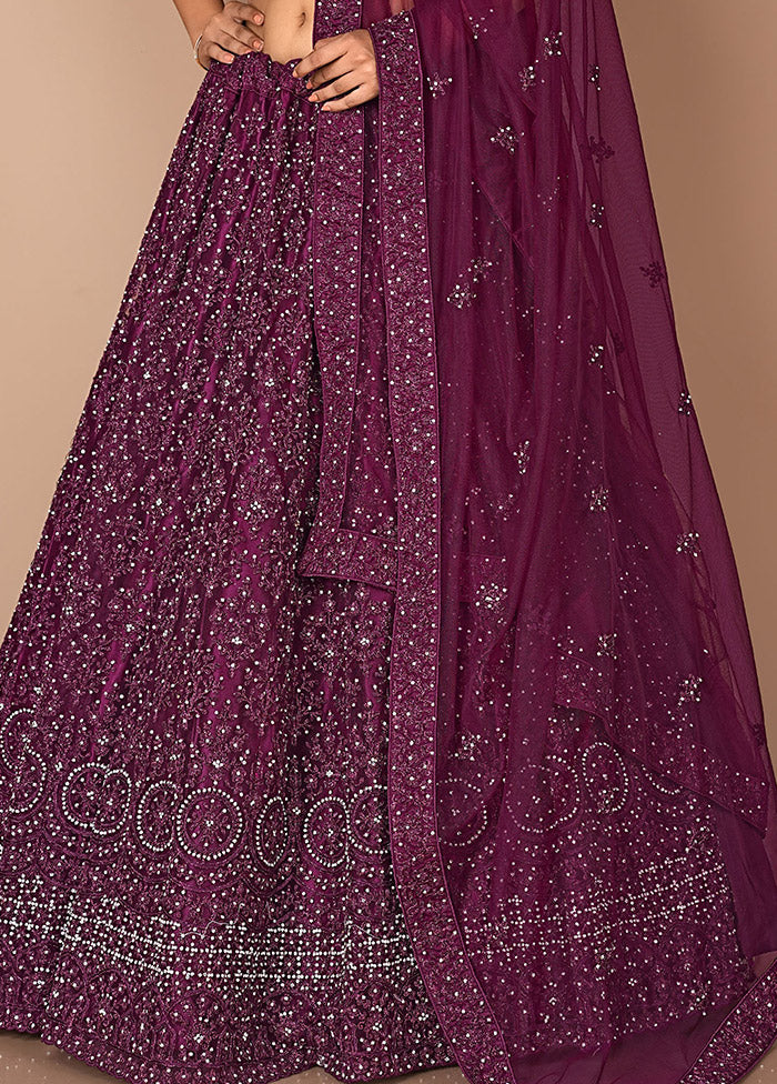 3 Pc Wine Net Semi Stitched Lehenga Set - Indian Silk House Agencies