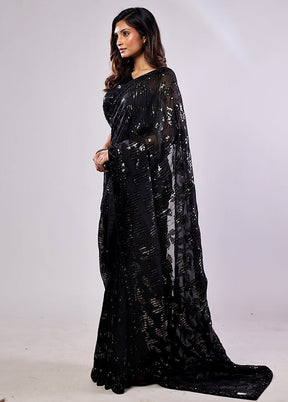Black Handloom Pure Georgette Saree With Blouse Piece