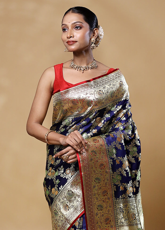 Blue Banarasi Silk Saree With Blouse Piece