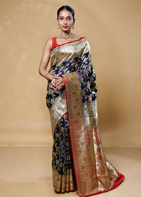 Blue Banarasi Silk Saree With Blouse Piece