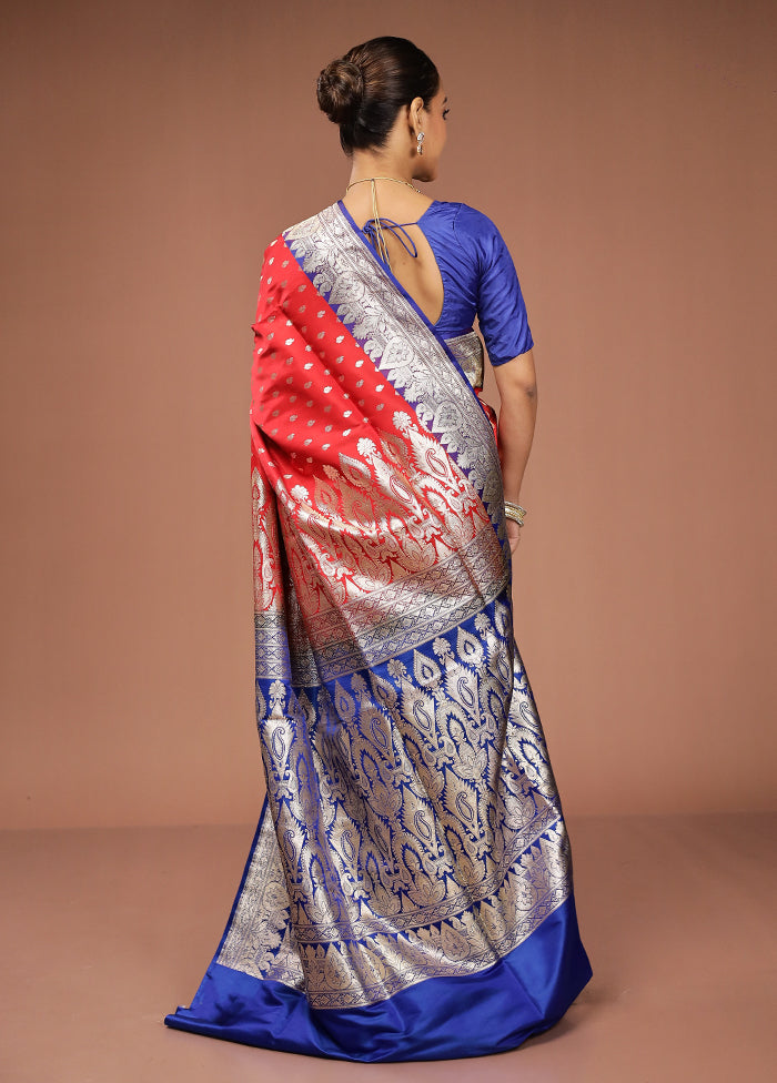 Red Handloom Banarasi Pure Silk Saree With Blouse Piece