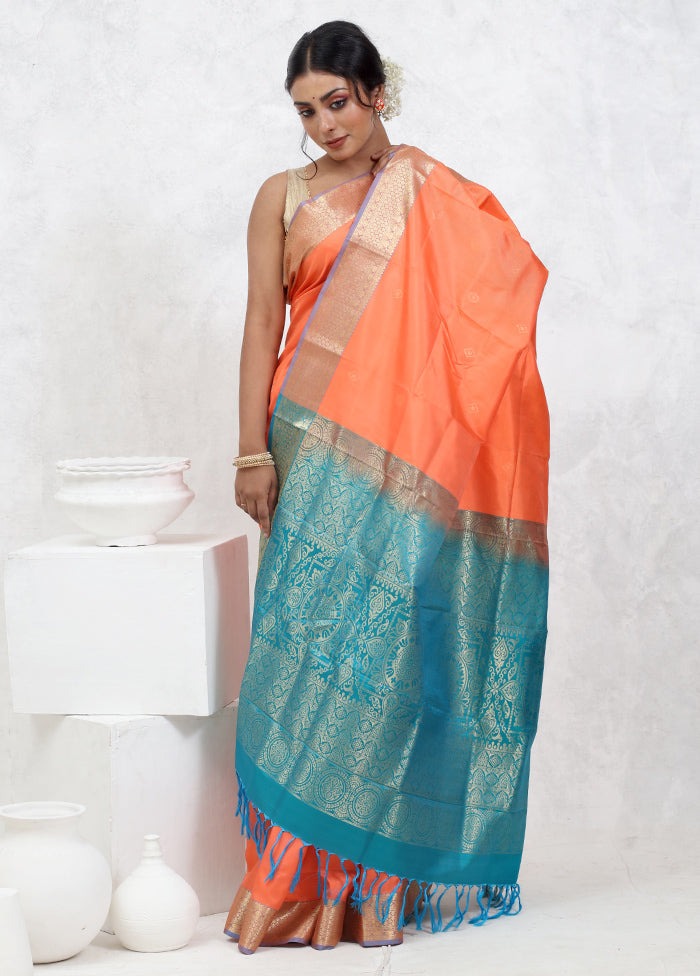 Orange Kanjivaram Pure Silk Saree With Blouse Piece - Indian Silk House Agencies