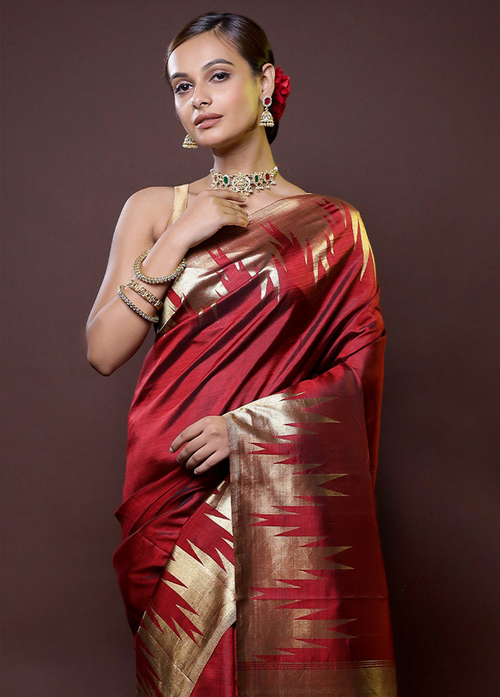 Maroon Handloom Kanchipuram Pure Silk Saree With Blouse Piece