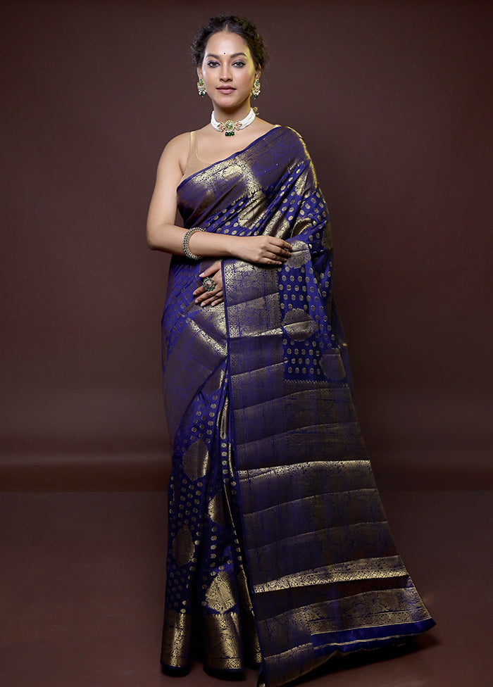 Blue Dupion Silk Saree With Blouse Piece