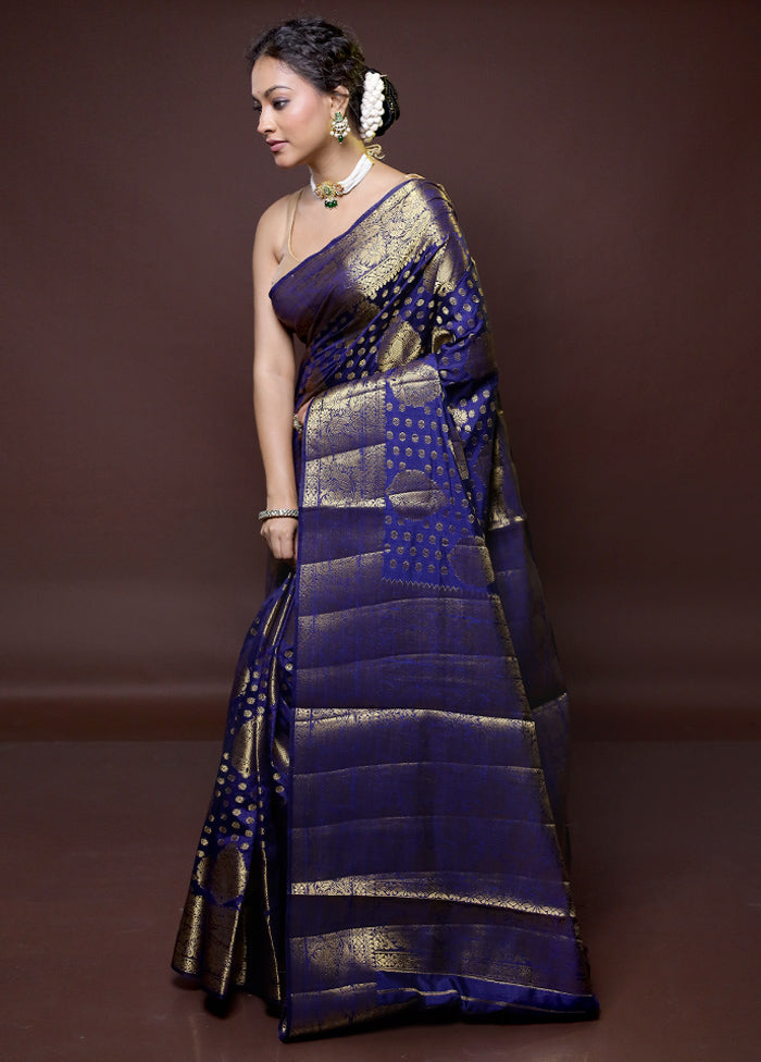 Blue Dupion Silk Saree With Blouse Piece