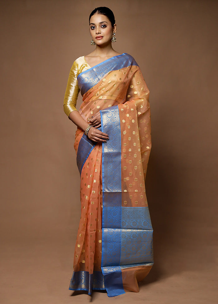 Peach Kora Silk Saree With Blouse Piece