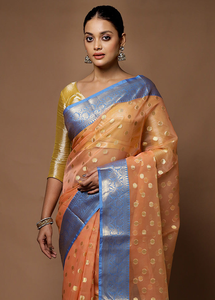 Peach Kora Silk Saree With Blouse Piece