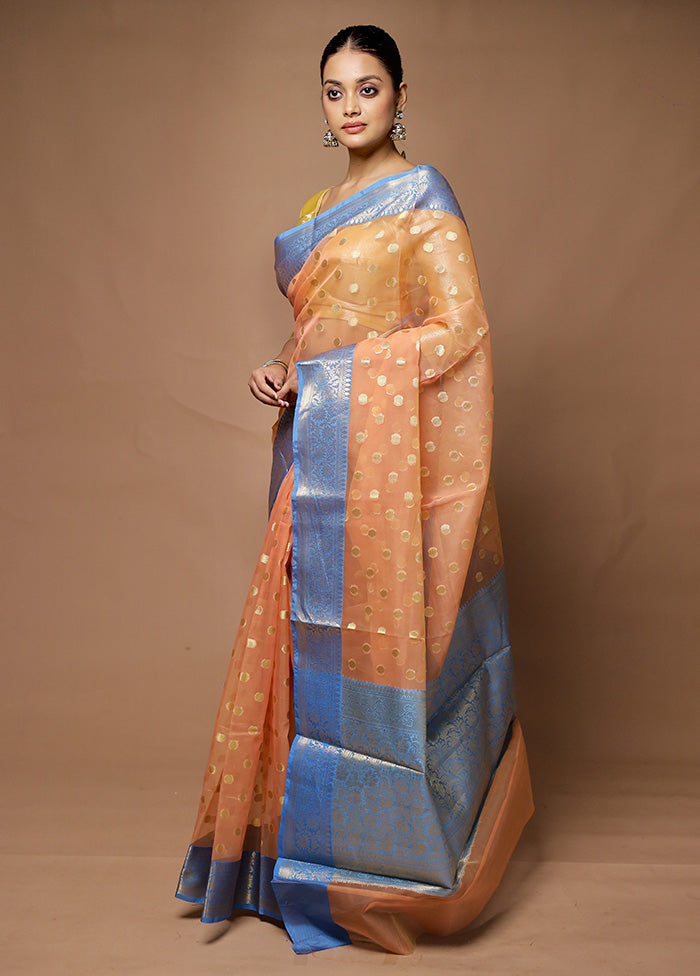 Peach Kora Silk Saree With Blouse Piece