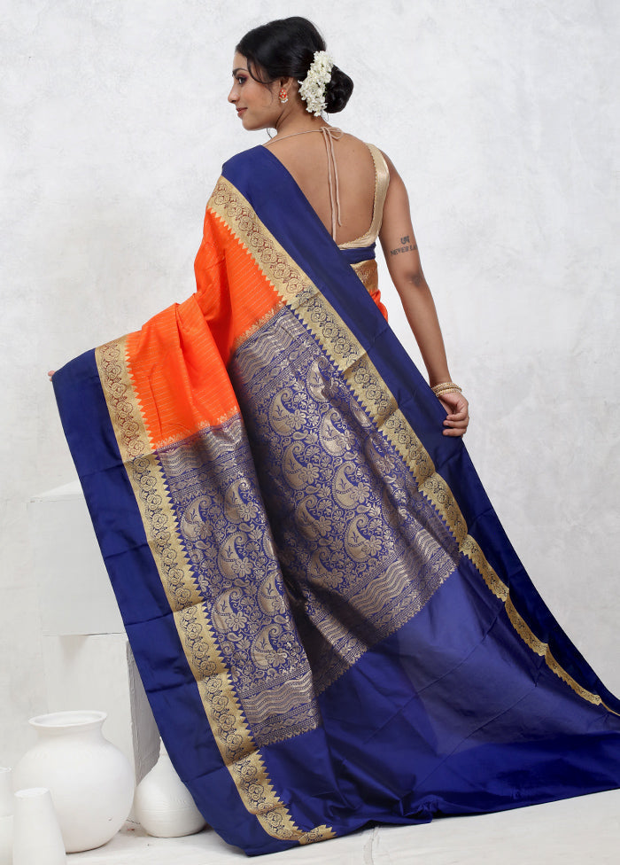 Orange Kanjivaram Silk Saree With Blouse Piece