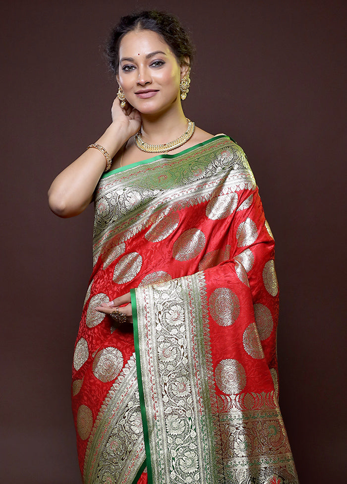 Red Banarasi Silk Saree With Blouse Piece