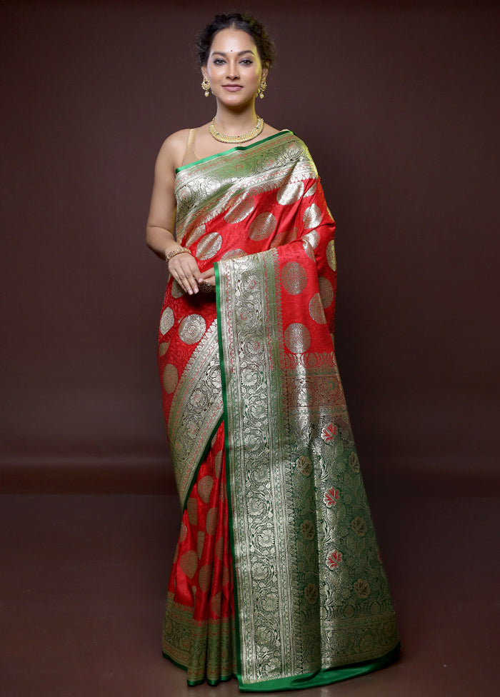 Red Banarasi Silk Saree With Blouse Piece