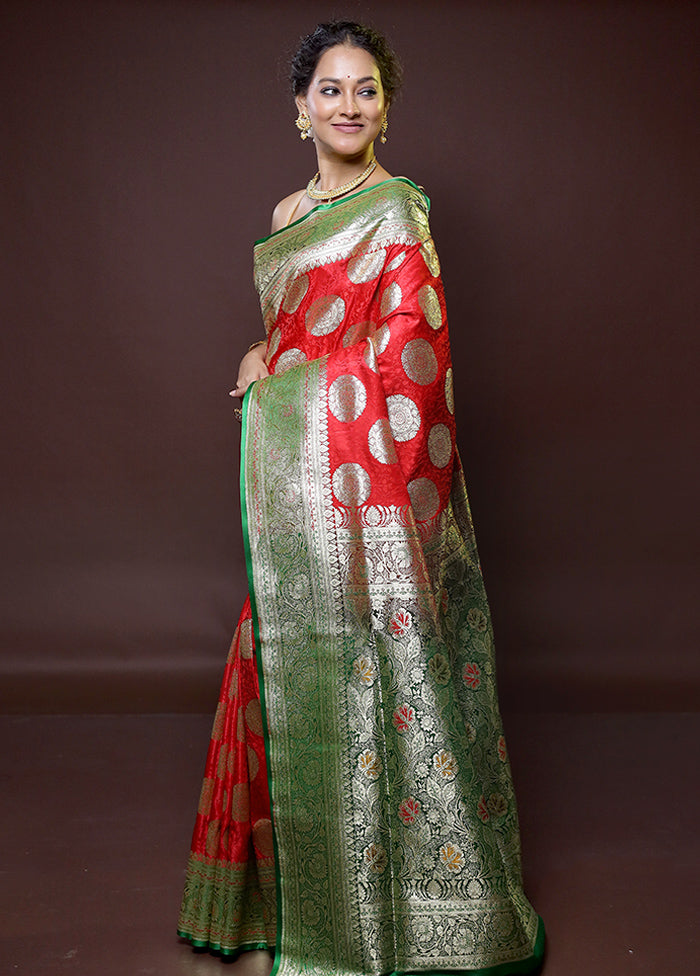 Red Banarasi Silk Saree With Blouse Piece