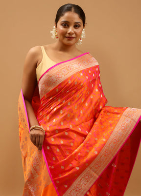 Rust Handloom Tanchoi Pure Silk Saree With Blouse Piece