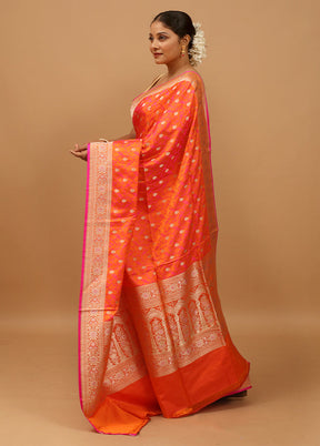 Rust Handloom Tanchoi Pure Silk Saree With Blouse Piece