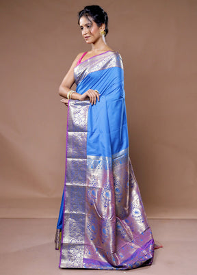 Blue Kanjivaram Silk Saree With Blouse Piece - Indian Silk House Agencies