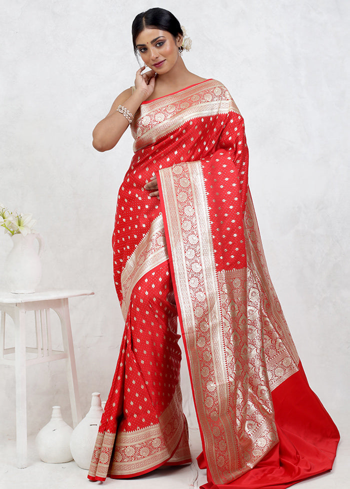 Red Banarasi Silk Saree Without Blouse Piece - Indian Silk House Agencies